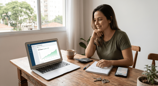 Mulher sorrindo ao ver saldo em conta no notebook após decidir desistir do consórcio e vender sua cota com segurança.