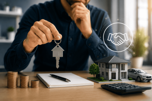 Homem analisando opções financeiras em escritório enquanto segura uma chave de imóvel, representando a decisão de vender consórcio contemplado para obter liquidez e realizar novos projetos.