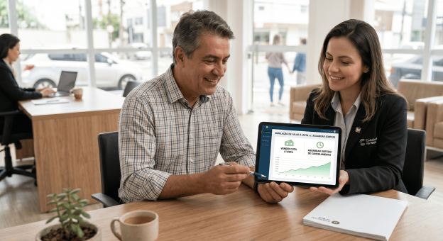Especialista da Consórcio na Web explicando ao cliente no escritório as vantagens financeiras entre vender ou cancelar consórcio usando um tablet com gráfico.