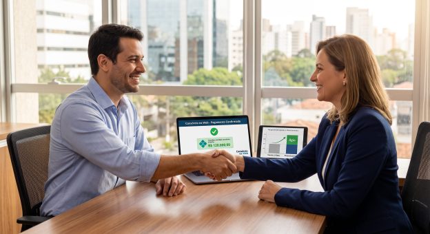 Cliente fechando negócio no escritório para vender consórcio contemplado com lucro de ágio e pagamento à vista da Consórcio na Web.