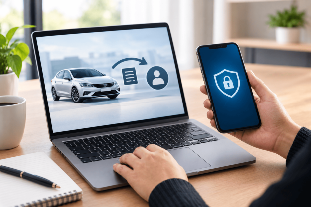 Pessoa analisando a transferência de um consórcio pela internet em um notebook, com celular exibindo símbolo de segurança.