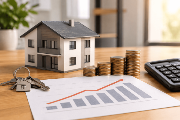 Casa em miniatura, moedas e gráfico de alta representando reajustes do consórcio imobiliário