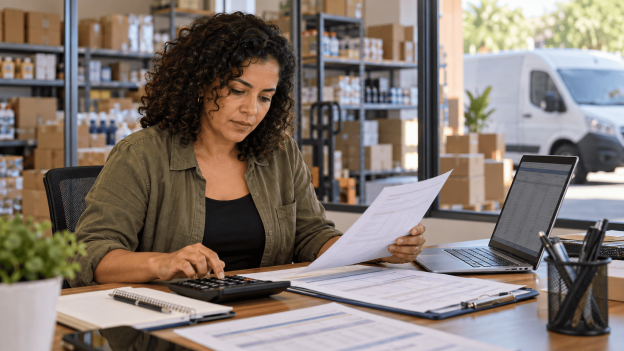 Empresária analisa documentos com calculadora e notebook em um escritório com estoque e veículo de entrega ao fundo.